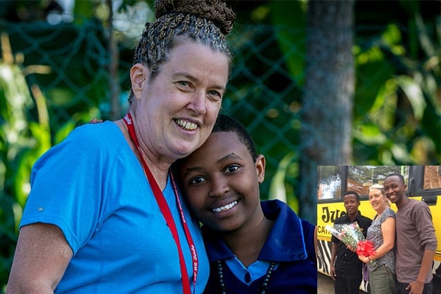 Gorgeous Glenys: Glenys meets her sponsor student Amina. Inset - 2015 graduates Enock and Daudi greet Glenys on her arrival.