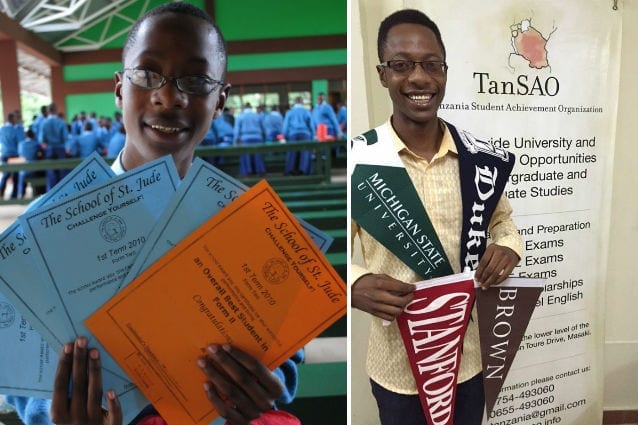 From little things big things grow: Alex as Form 4 dux and with the flags of the universities he was accepted to.