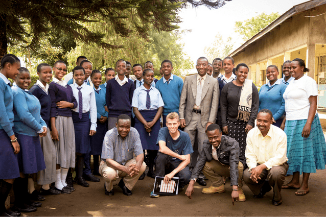 A group effort: St Jude’s Interact and Oldadai Secondary School students gathered for the presentation. (Front row, from left) Oldadai headmaster Urio Godson, Rotary Coordinator Seb and Beyond St Jude’s team member Avity Mushi (front).