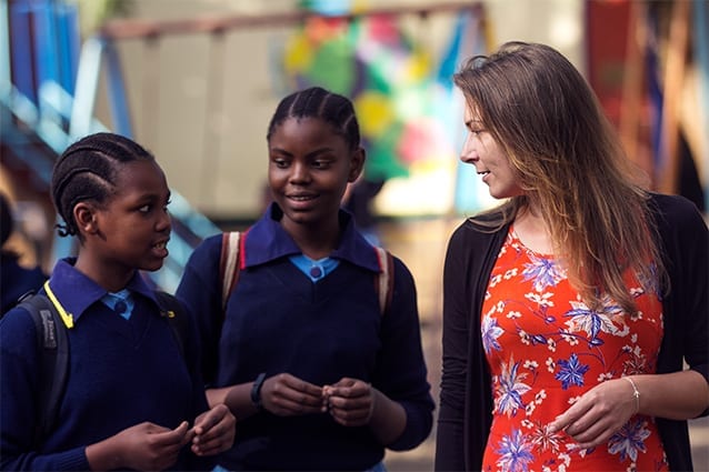 On the ground: Sarah loves speaking with students about St Jude's impact on their lives. 