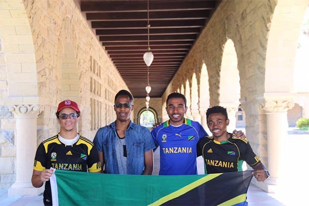 Standing tall at Stanford: Alex with his Tanzanian compatriots on campus at Stanford University.