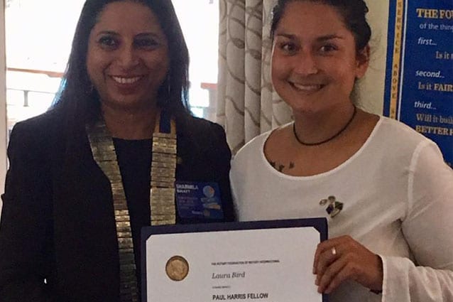 Paul Harris Fellow: Our Rotary Specialist, Laura, with DG Sharmilla Bhatt, and her fellowship certificate. 